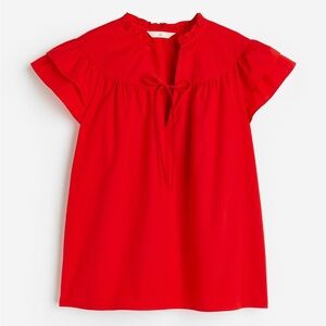 H&M Flutter Short Sleeve Blouse with Ruffle Neck in Vermilion (red/orange)